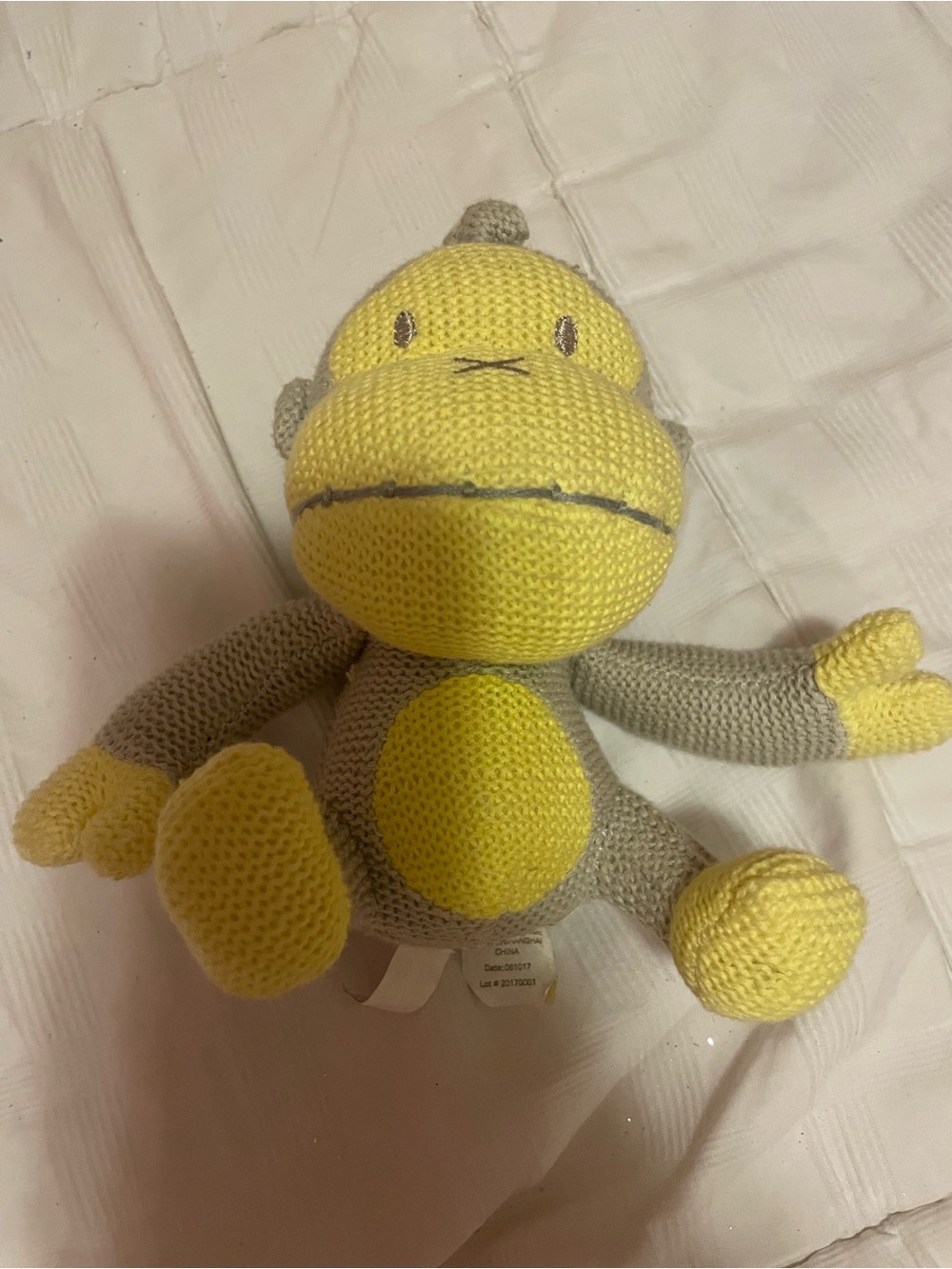 Knitted Yellow & Gray Monkey Plush Toy - Soft Cuddly Kids Toy
